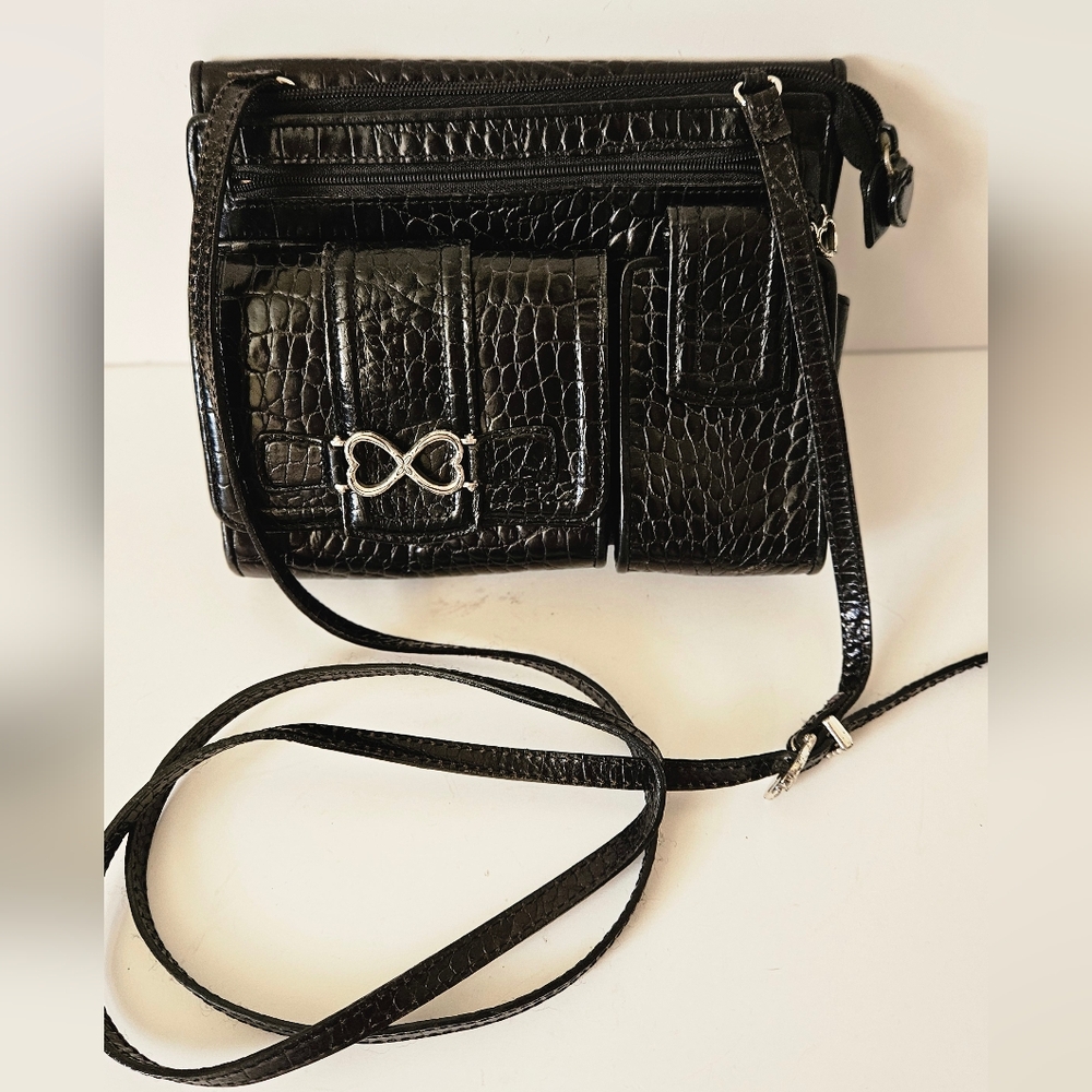 VINTAGE Brighton Embossed  Black Leather Cross Body Shoulder Bag Purse Handbag